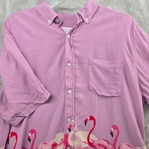 Duvin Size Large Flamingo Button Up Shirt Pink Green Short Sleeve‎ Viscose